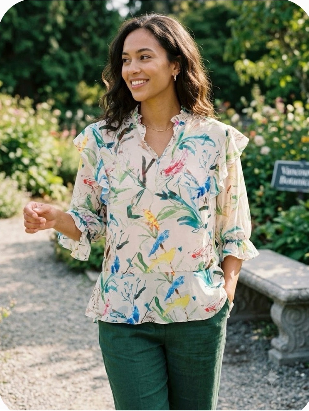 CC Collect Botanical Bird Print Ruffle Chiffon Blouse Small